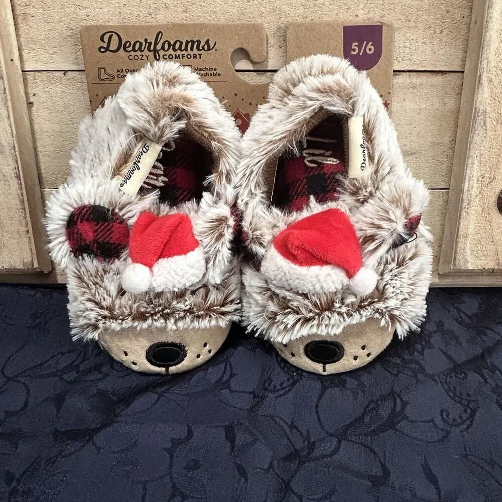 Dearfoams Cozy Comfort Baby Bear Toddler Fuzzy Slippers Size 5/6 Christmas Theme